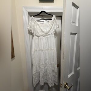 Boho Off-Shoulder White Embroidered Maxi Dress